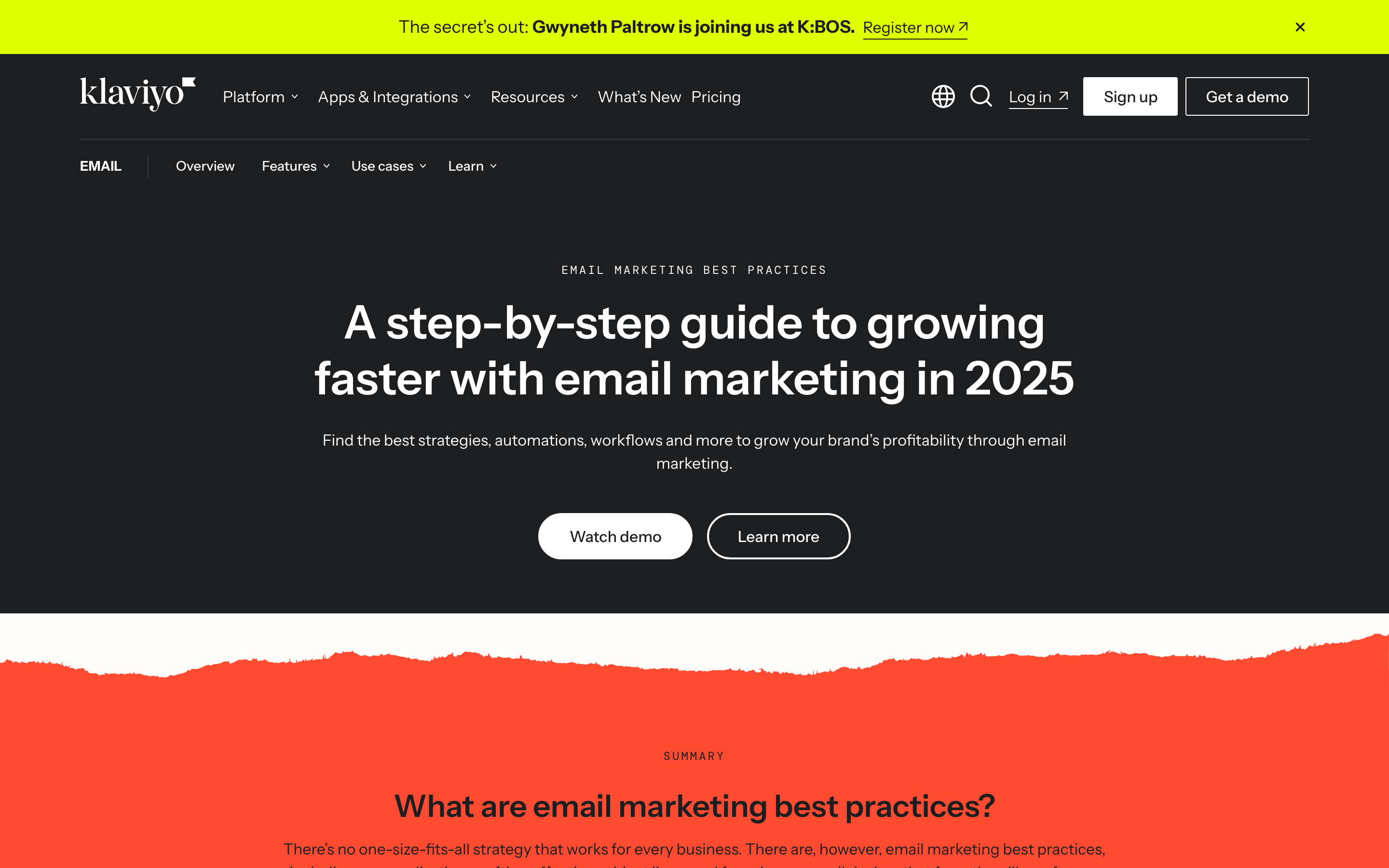 Klaviyo's email marketing best-practices guide, with an EMAIL sub-nav above the headline