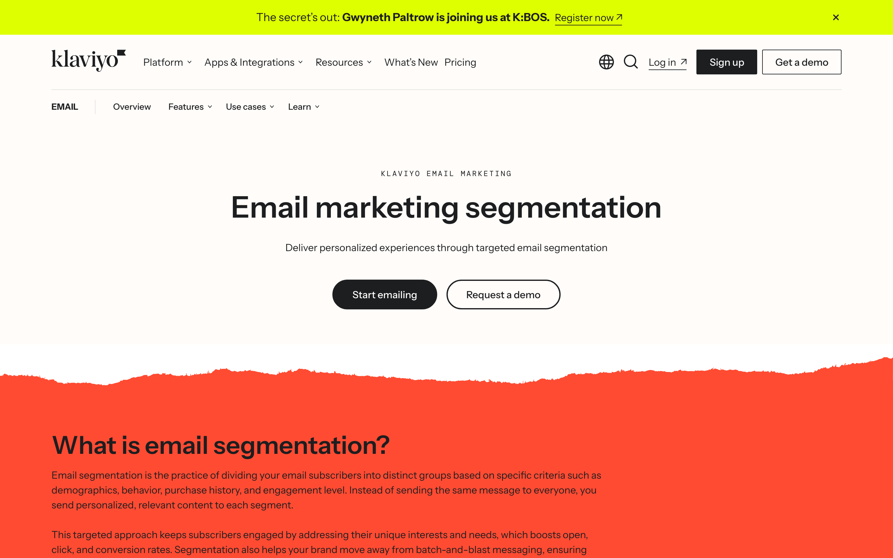 Klaviyo's email marketing segmentation page, one of seventeen inside the same product folder