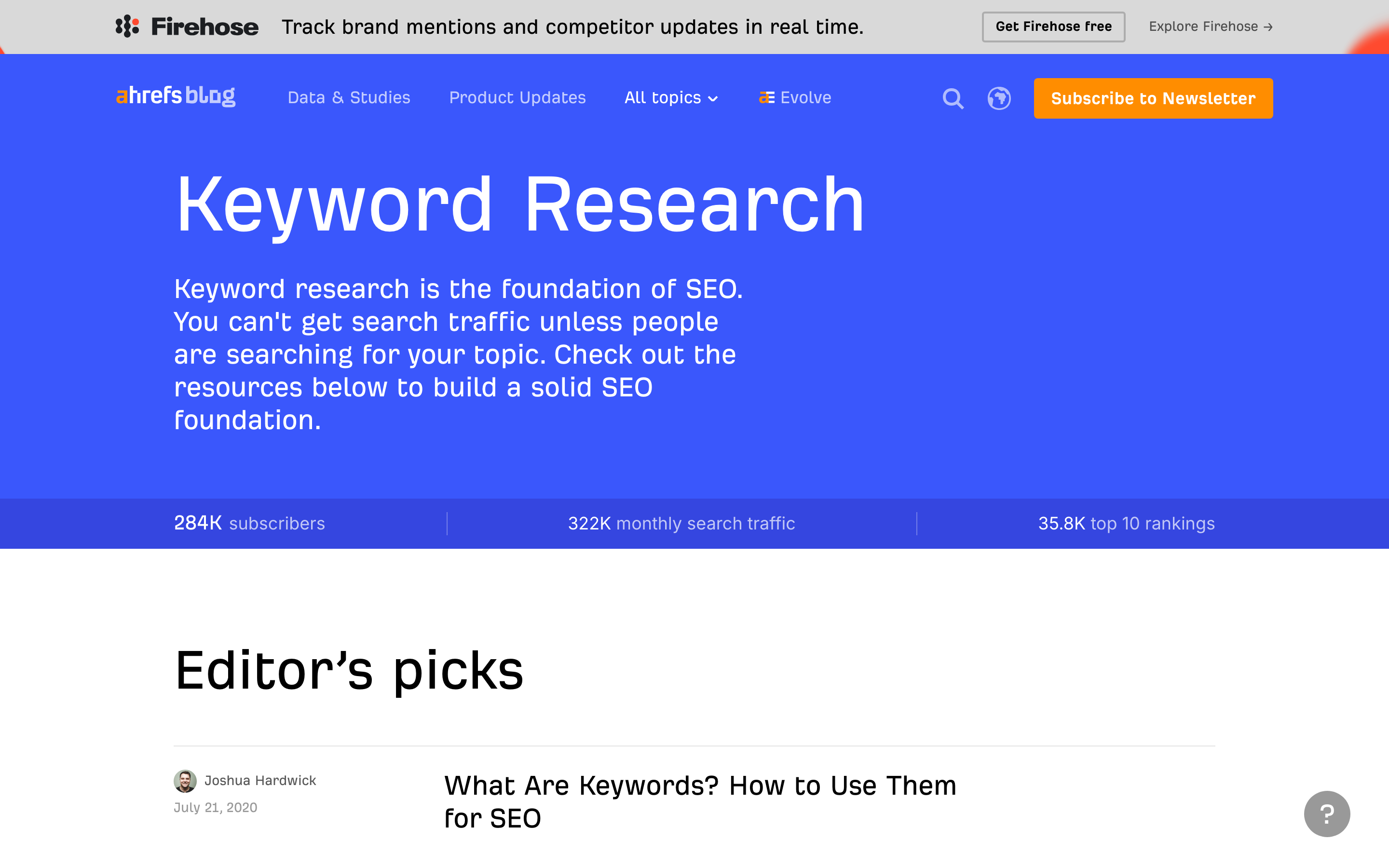 The Ahrefs keyword research category page, with intro copy and an Editor's picks block above the article list.