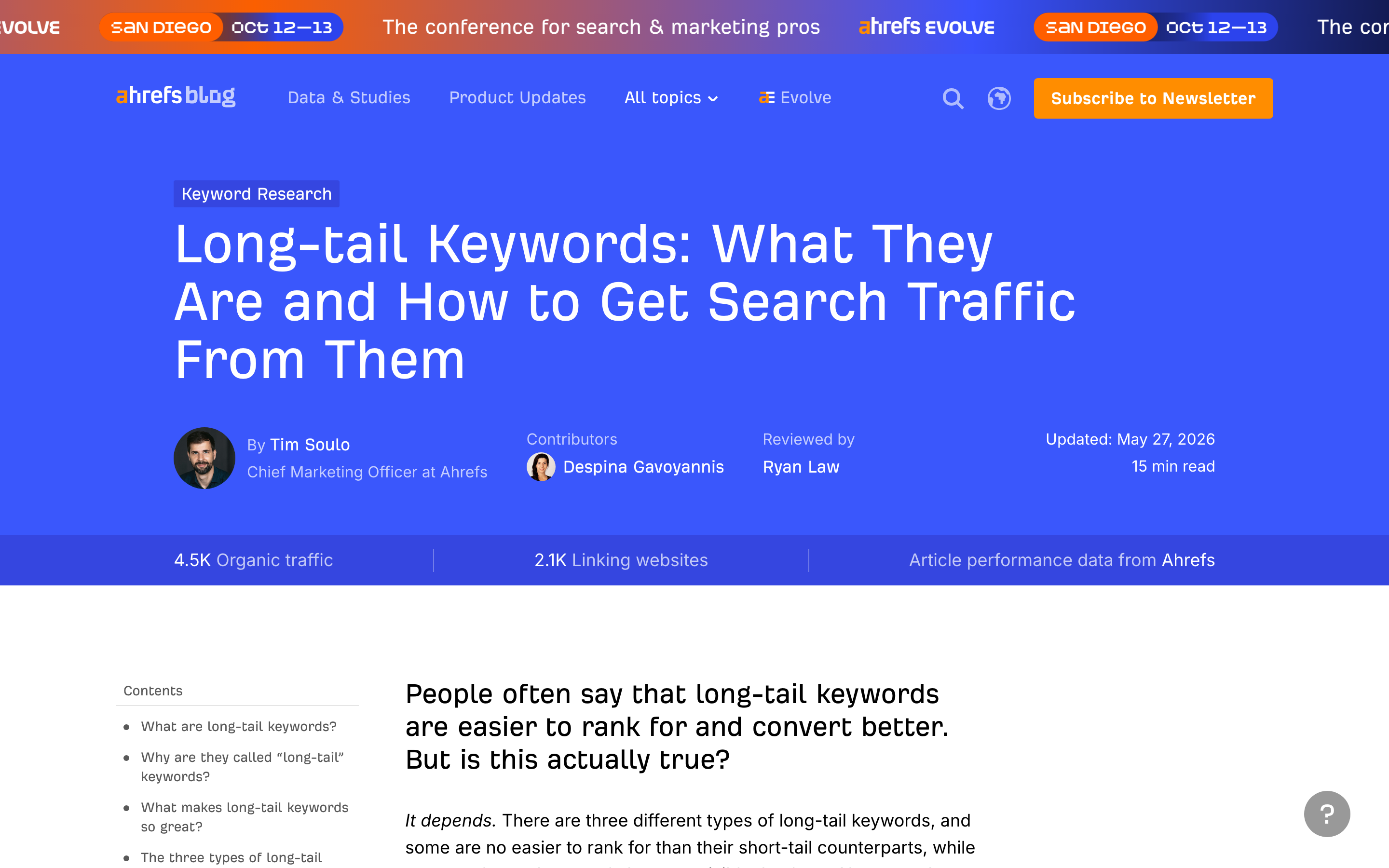 An Ahrefs article page showing a stat bar with organic traffic and linking websites under the title.