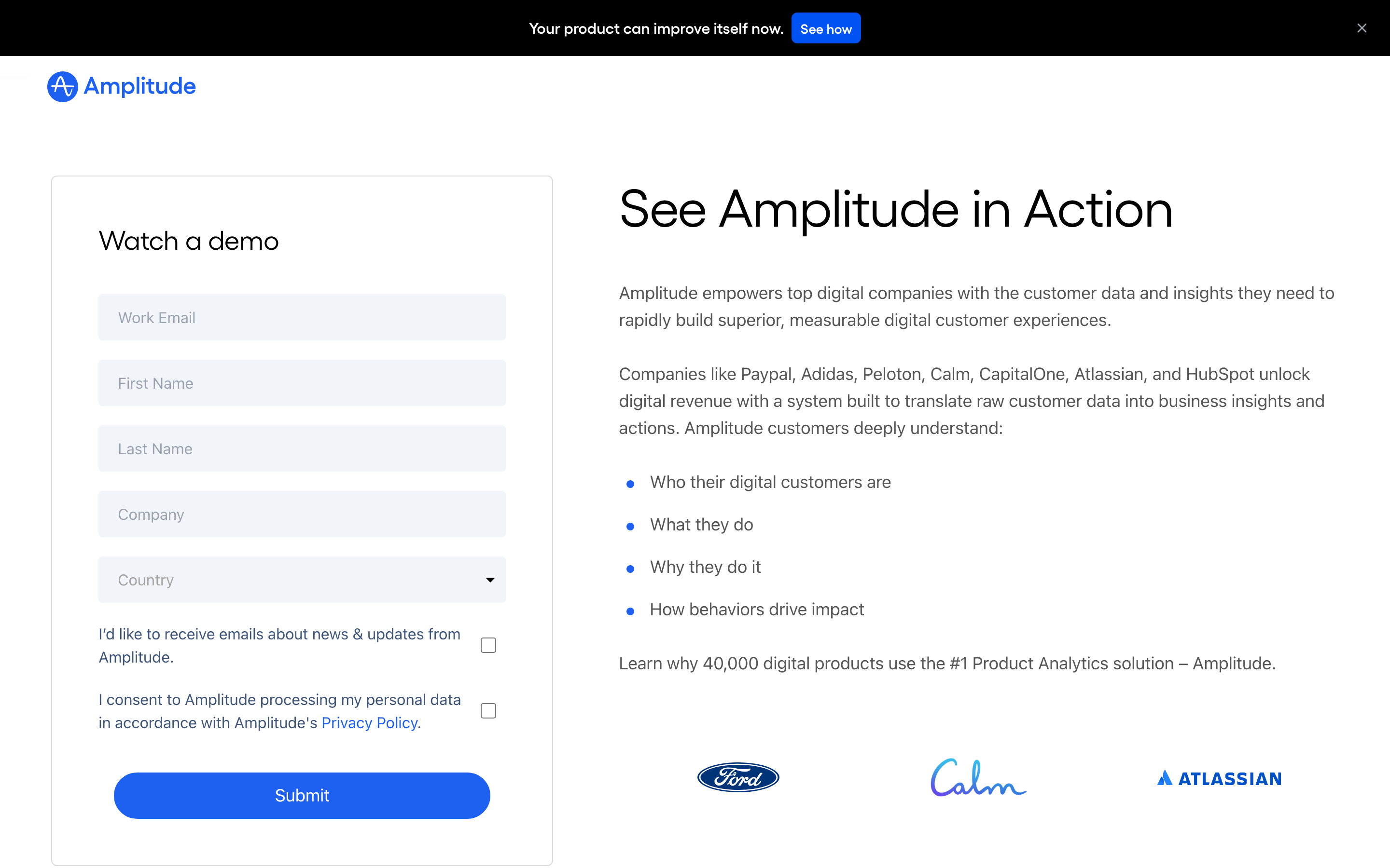 Amplitude demo page with a Watch a demo form on the left and the See Amplitude in Action headline on the right, with no site navigation