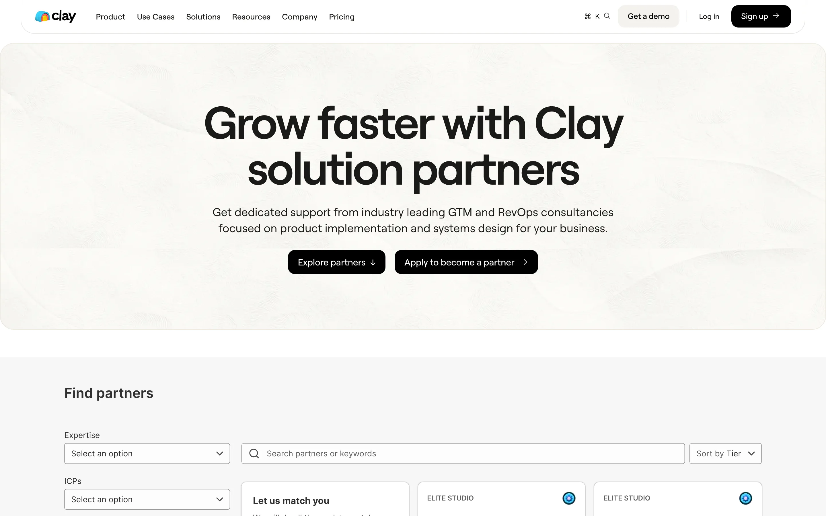 Clay's partner directory: the headline Grow faster with Clay solution partners, two buttons, filters for expertise and ICPs, and Elite Studio partner cards