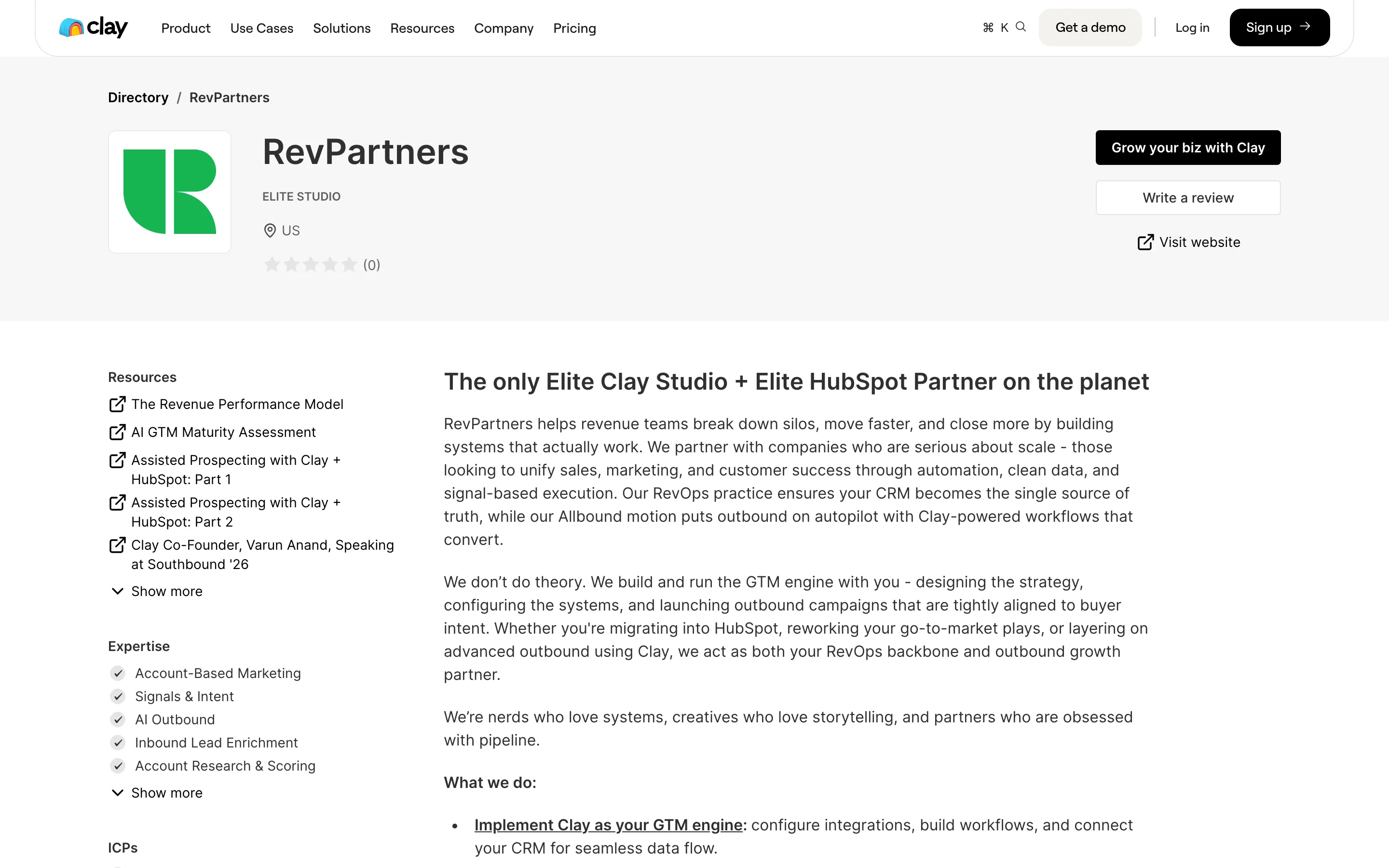 RevPartners' profile in Clay's partner directory: Elite Studio badge, zero reviews, and a Grow your biz with Clay button